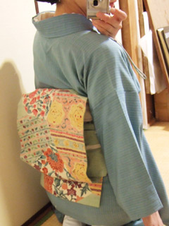 米沢紬　型染め更紗の帯
