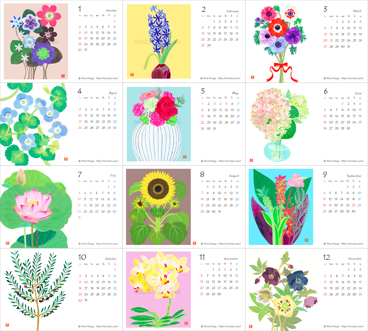 花のイラスト　カレンダー