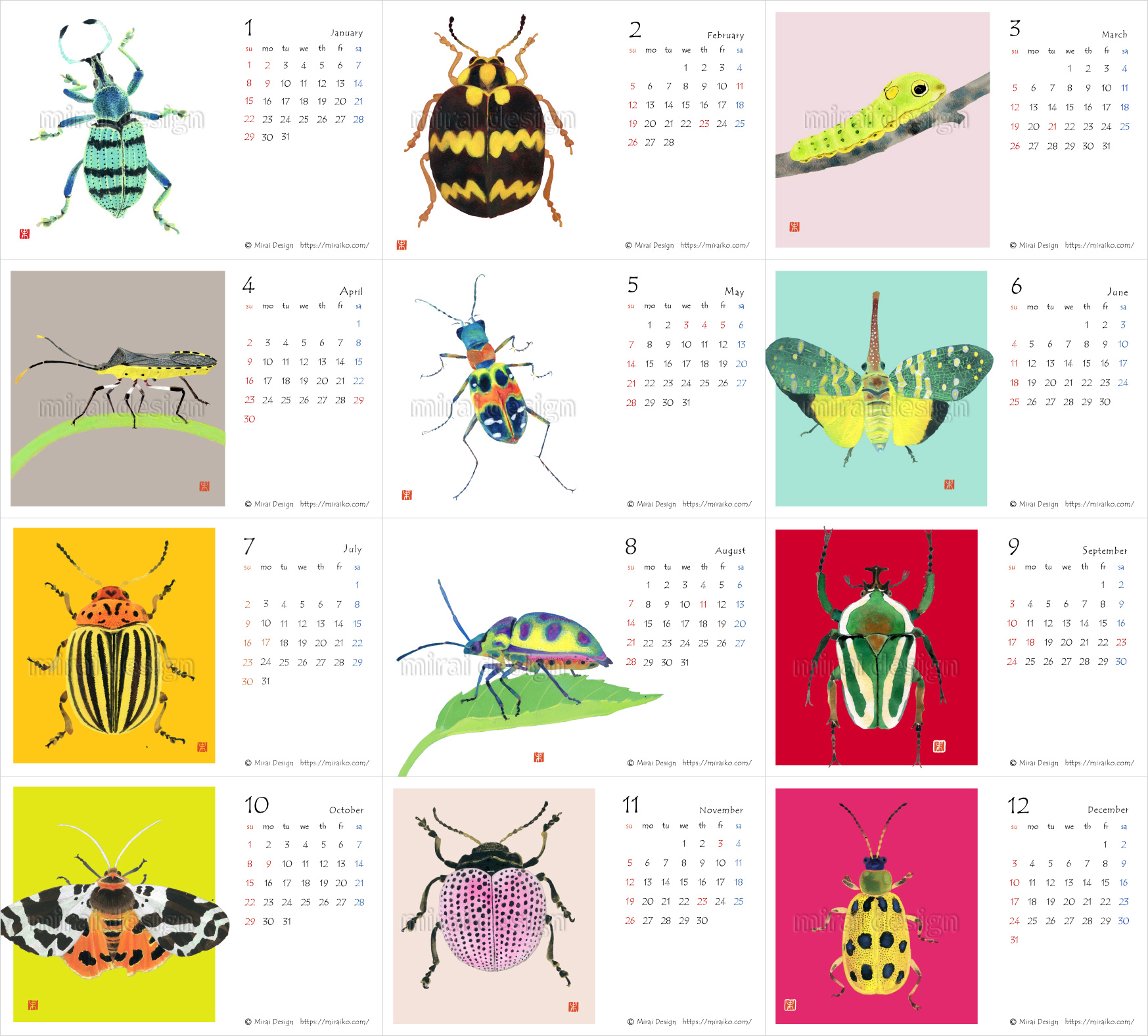 虫のイラストカレンダー